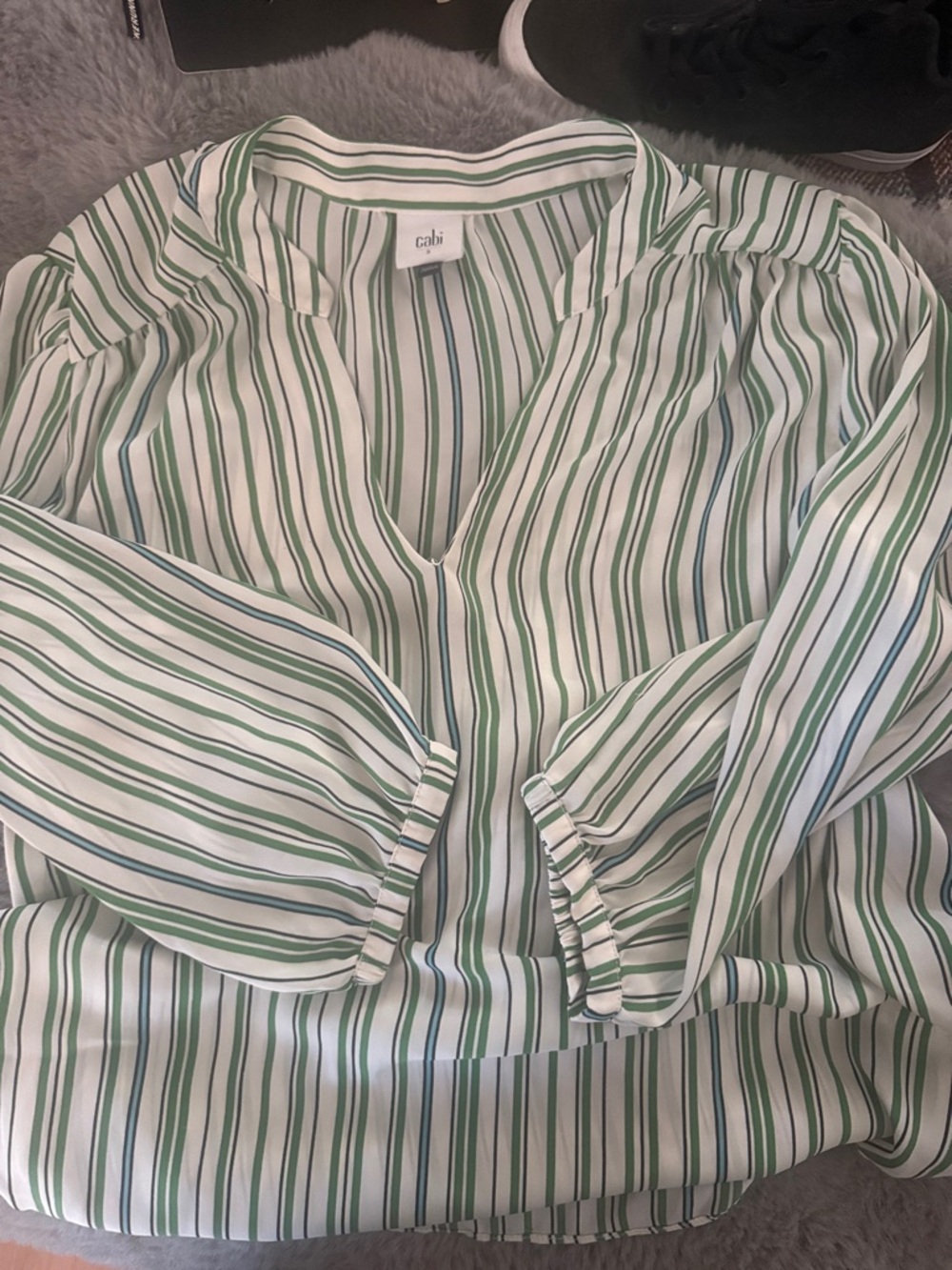 CAbi White Blouse with Green and Teal Stripes